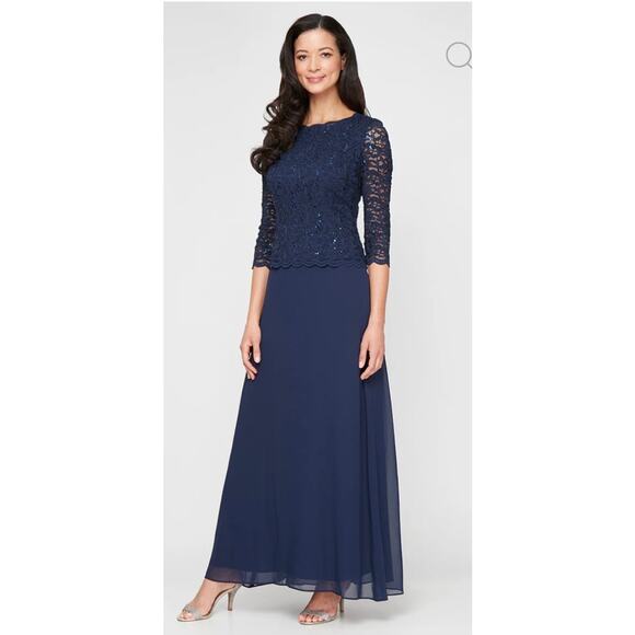 Alex Evenings Navy Long Gown with Sequin Lace Bodice & Chiffon Skirt 6 NWT